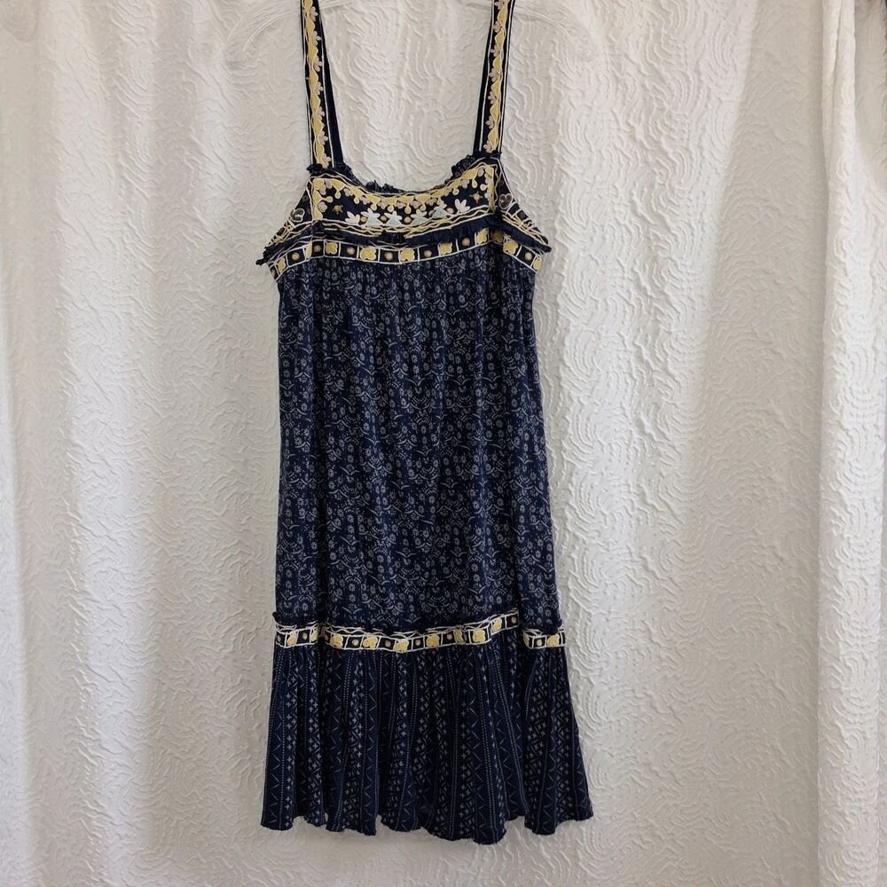 Free People Lace Up Tank Dress SZ S Blue Yellow Print Ruffle Empire Sundress